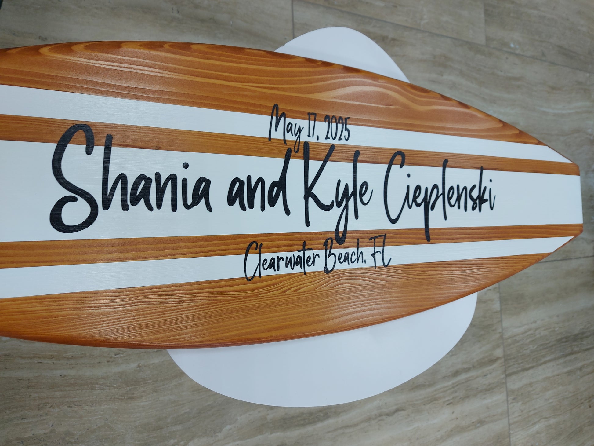 Personalized wooden surfboard wall decor with names — wedding sign alternative guest book idea