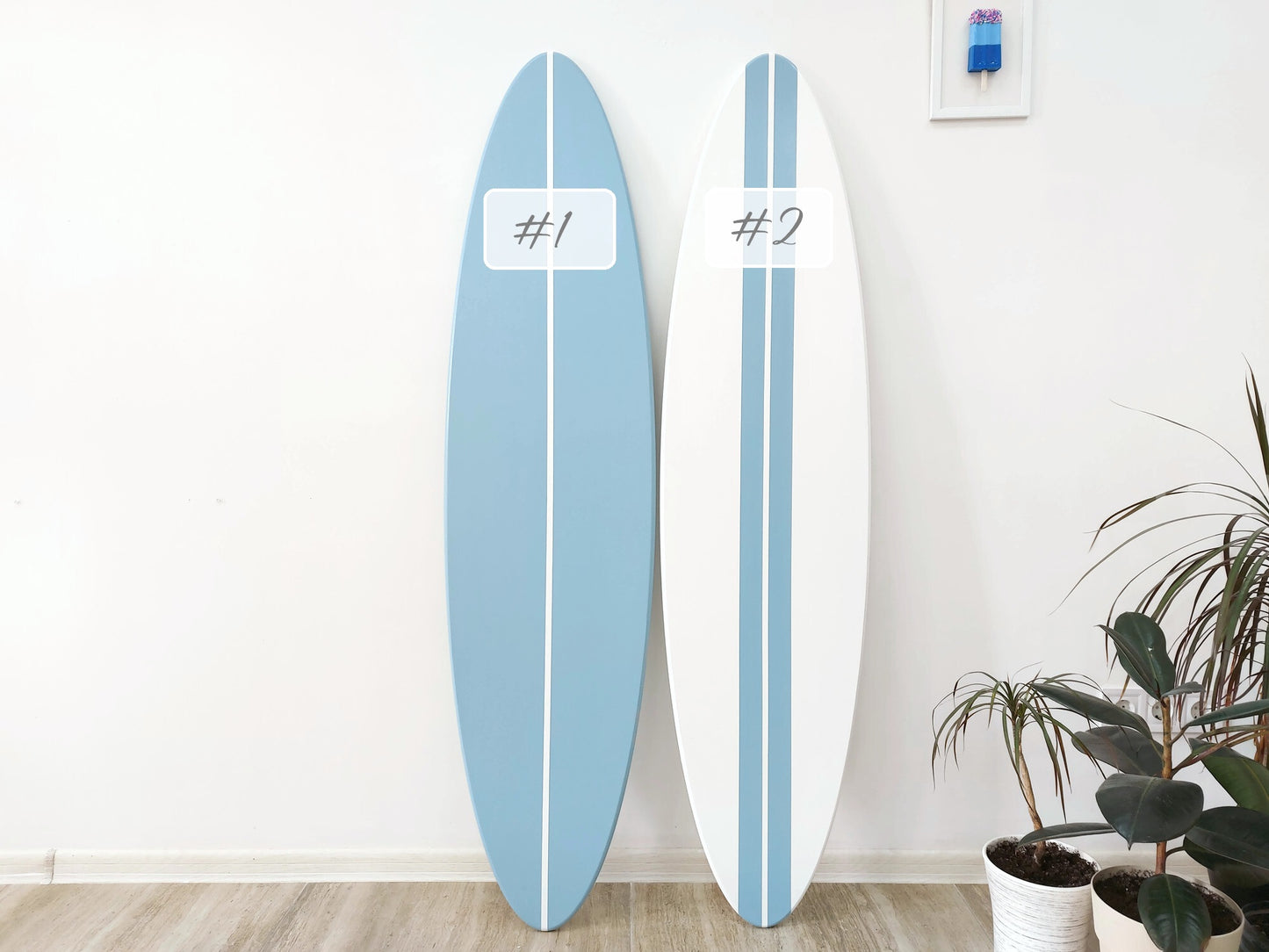 Decorative surfboard art in ocean themed interior