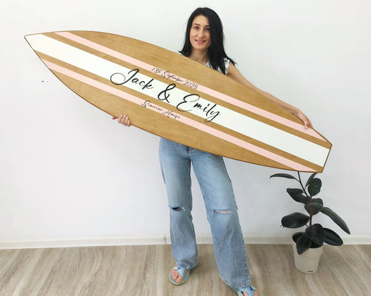 Wooden surfboard guest book alternative decorative sign front view