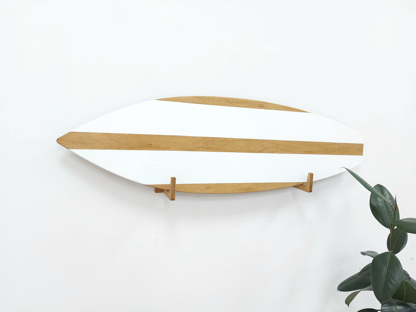 Minimalist wooden surfboard wall art on white background for product display