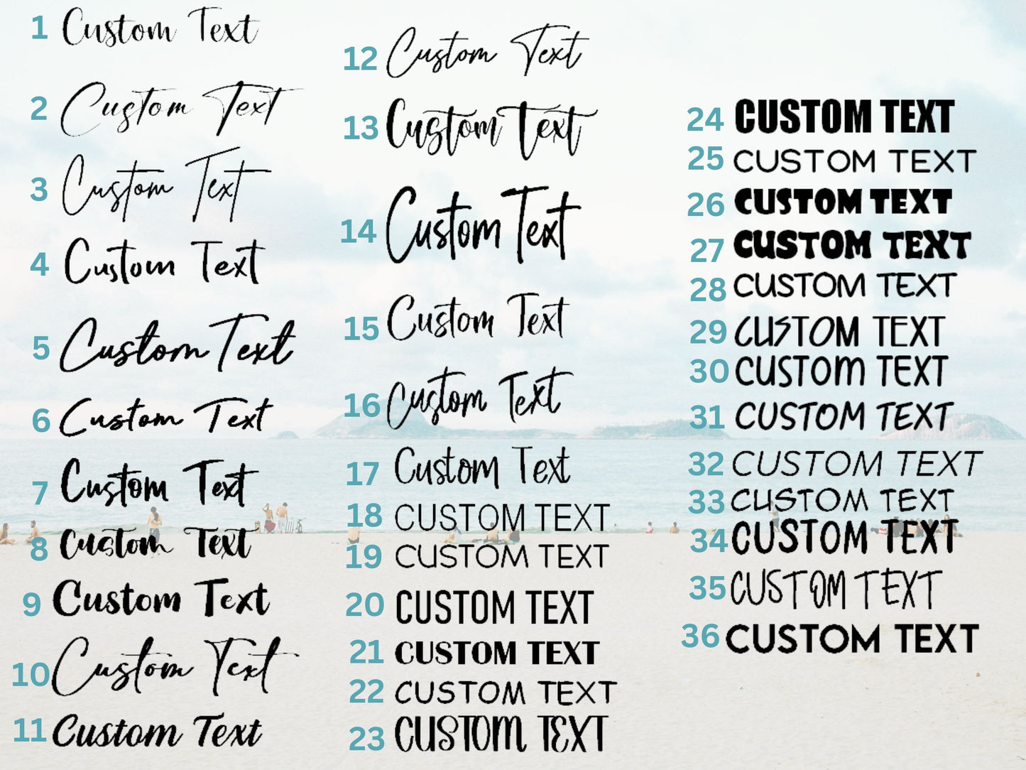 Multiple instances of 'Custom Text' in various fonts and sizes on a white background.