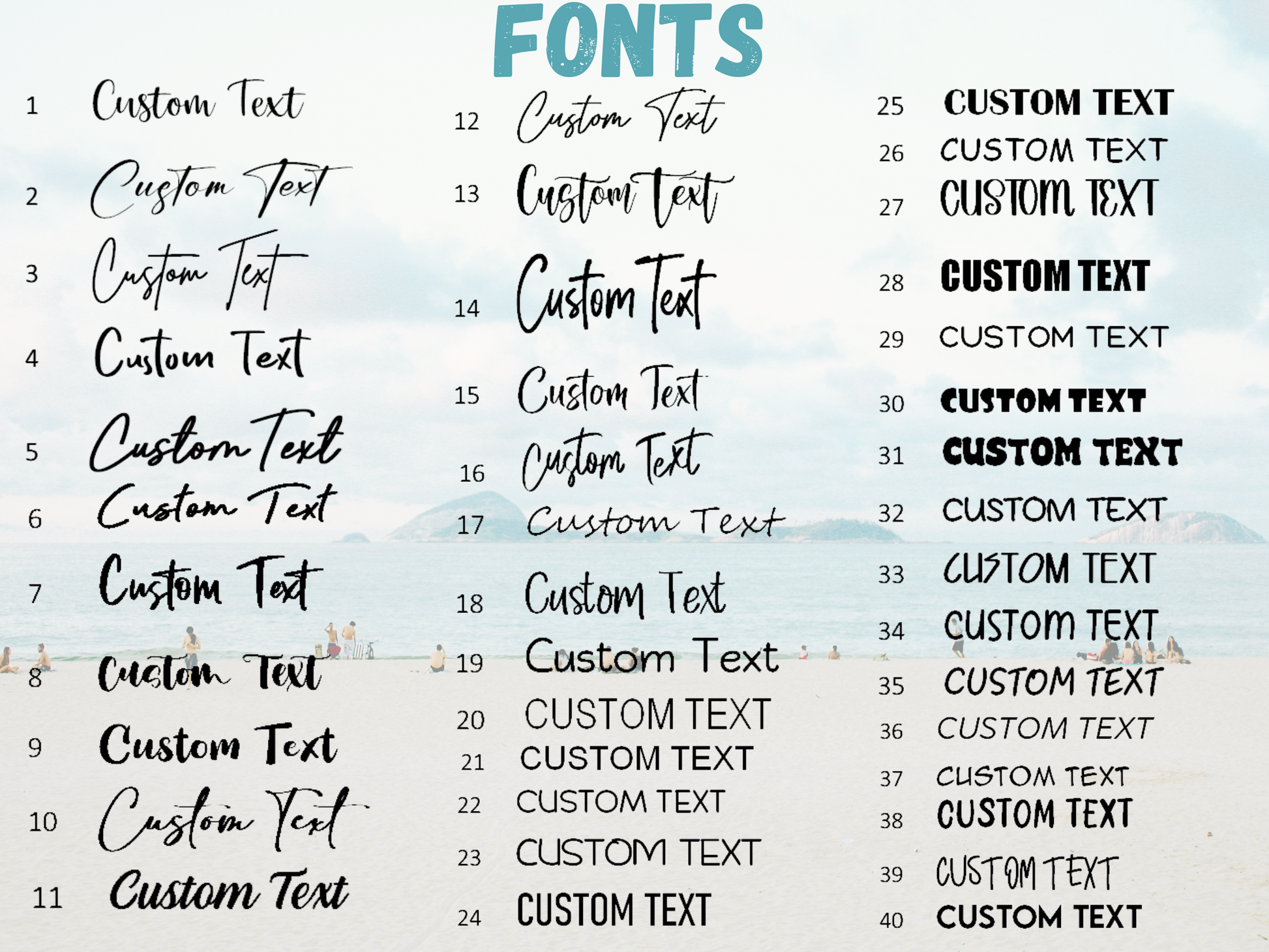 Collection of custom text in various fonts on a light blue gradient background