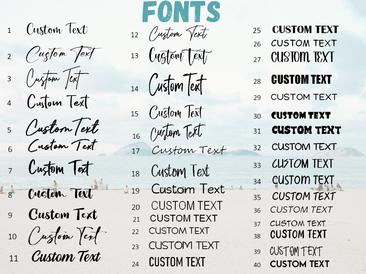 Collection of custom text in various fonts on a light blue gradient background