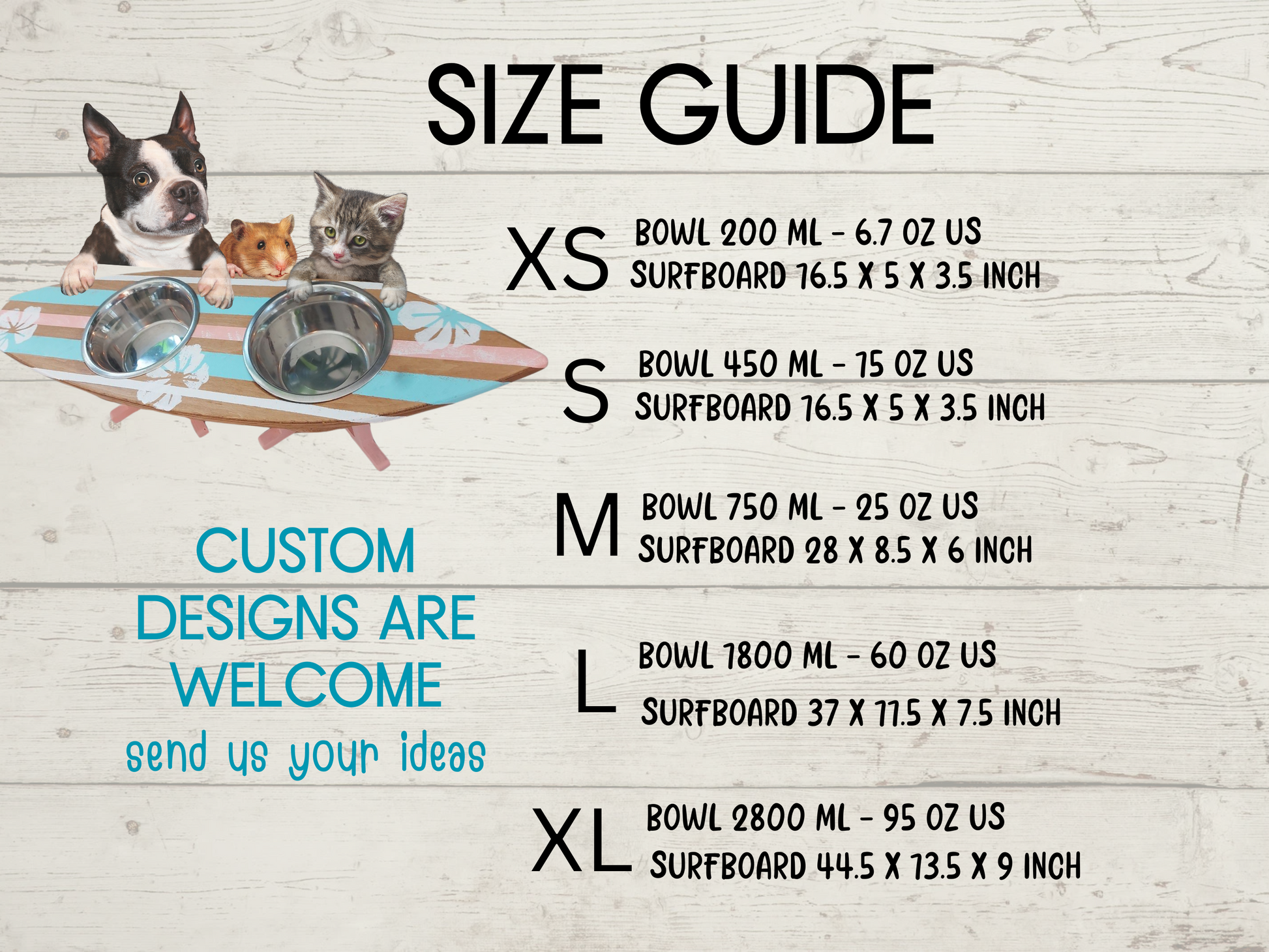 Size guide for bowls and surfboards with measurements on a wooden background
