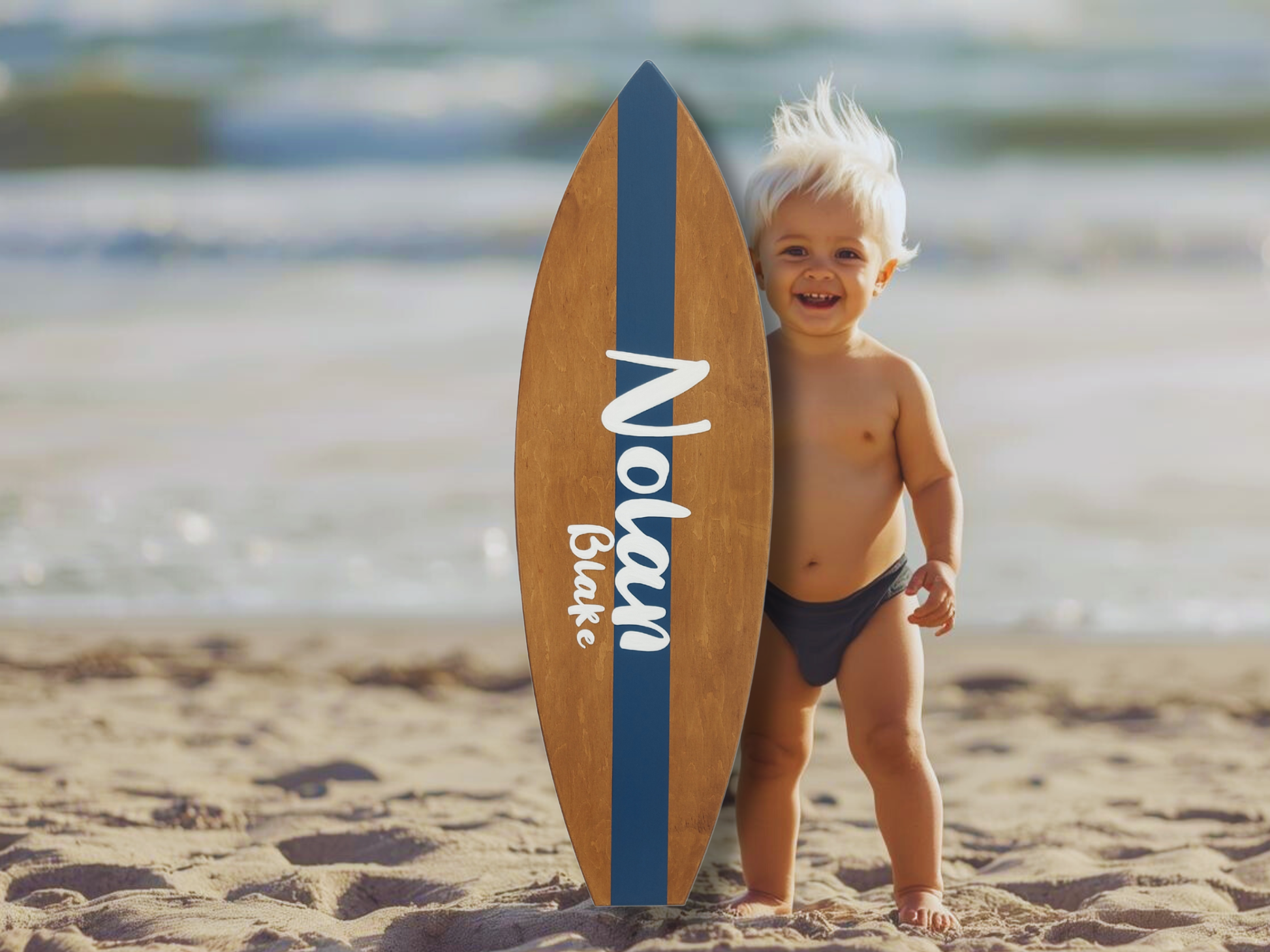 Personalized wooden surfboard wall art with child on the beach, front view