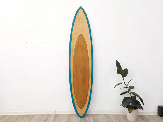 Wooden surfboard with blue edge leaning against a white wall next to a potted plant.